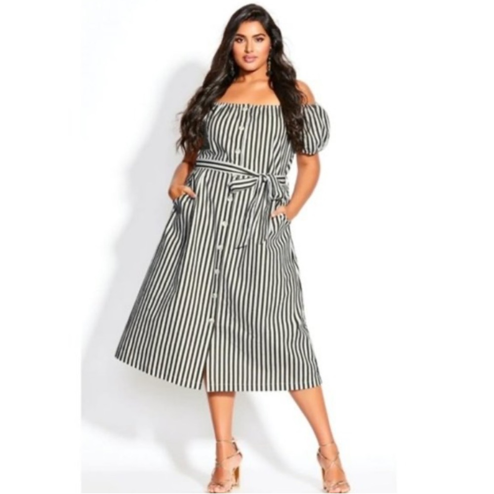 Striped Off-Shoulder Tie Waist Dress